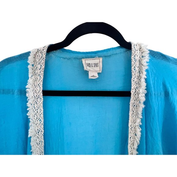 Sand and Spirit Kimono Women's' Medium Long Teal Swim Coverup With Crochet - Picture 6 of 12